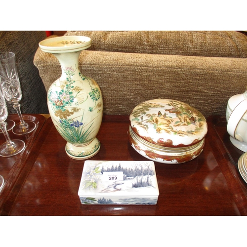 209 - Noritake Porcelain Powder Box, Japanese Vase and a Trinket Box by M I Ford