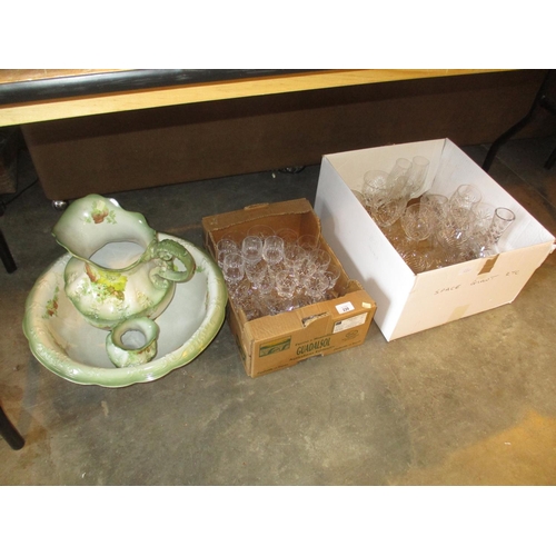 220 - Two Boxes of Crystal Glasswares, Pottery Basin and Ewer etc