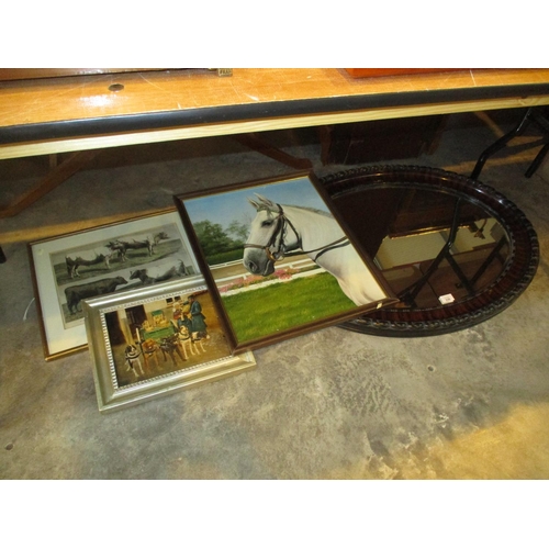 230 - Oval Wall Mirror, Horse Painting, Cattle Engraving and Another Picture