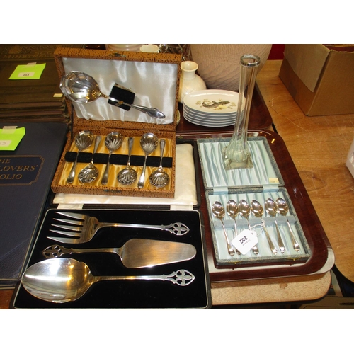 252 - Cased Set of 6 Silver Teaspoons, Silver Mounted Glass Vase, Cased Spoons and Servers