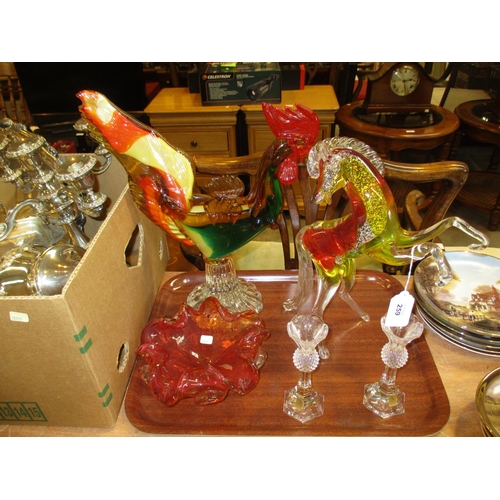 259 - Venetian Glass Cockerel, Horse and Dish and a Pair of Candlesticks