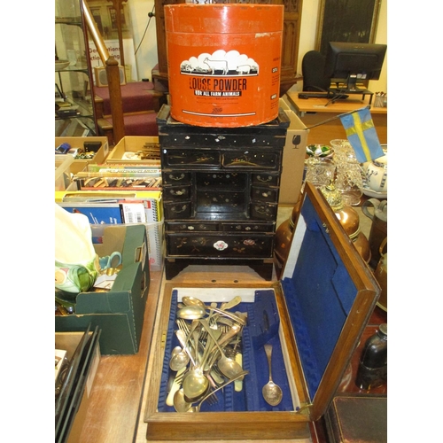 65 - Japanese Lacquer Table Cabinet, Loose Powder Box and a Canteen with Mixed Cutlery