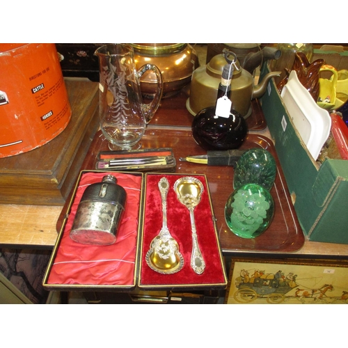 67 - Two Victorian Glass Dumps, Fern Engraved Jug, Cased Pair of Serving Spoons, Open Razors, etc