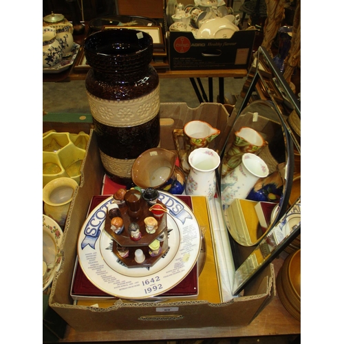 69 - Box with West German Vase, Tunstall Jug, Plates, Thimbles, Mirror etc