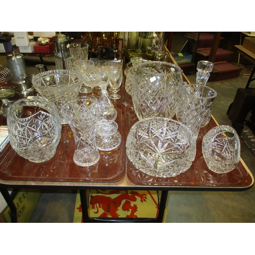 74 - Two Crystal Baskets, 6 Vases, Scent Bottle, Decanter and Jam Pot