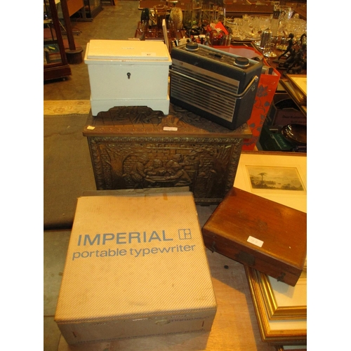 87 - Brass Coal Box, Money Box, Hacker Democrat Radio, Slide Box and Imperial Portable Typewriter