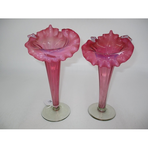 332 - Pair of Victorian Ruby and White Glass Frilled Top Vases, 25cm