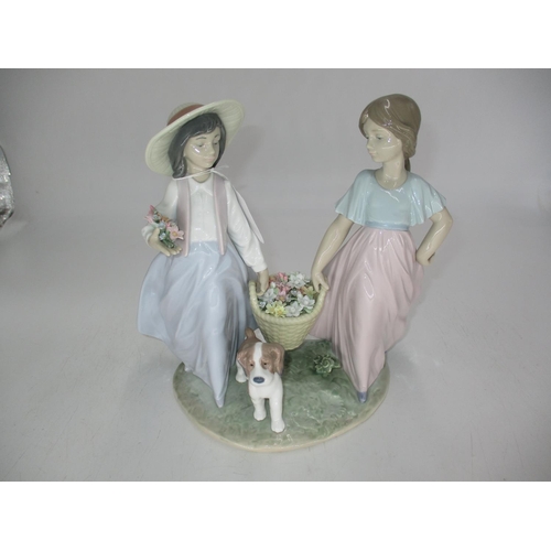 340 - Lladro Group of 2 Girls with Basket of Flowers and Dog No. 6250