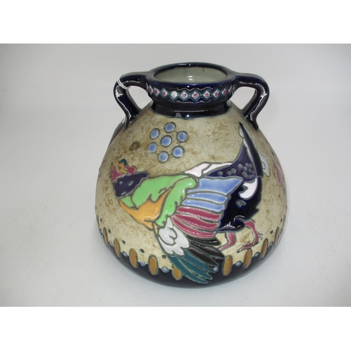 345 - Austrian Amphora Pottery Vase Decorated with a Bird Signed Lampina, 17cm