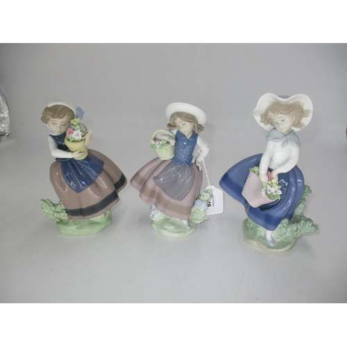 349 - Three Lladro Girls with Flowers Sweet Scent 5221, Pretty Pickings 5222, Spring is Here 5223