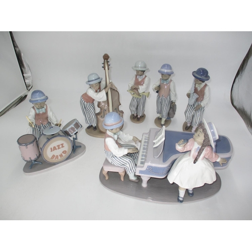 Lladro 6 Piece Jazz Band comprising Pianist and Singer, Drum Kit, Saxophone, Double Bass, Trumpet etc