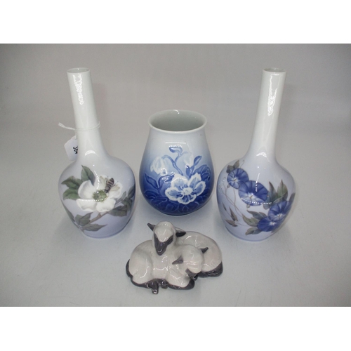 364 - Pair of Royal Copenhagen Vases and Group of 2 Lambs, along with a B&G Copenhagen Vase