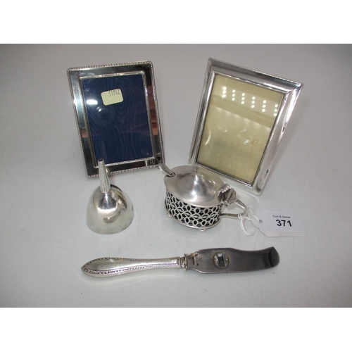 371 - Two Small Silver Photograph Frames, Silver Mustard Pot, Silver Funnel and a Silver Handle Knife