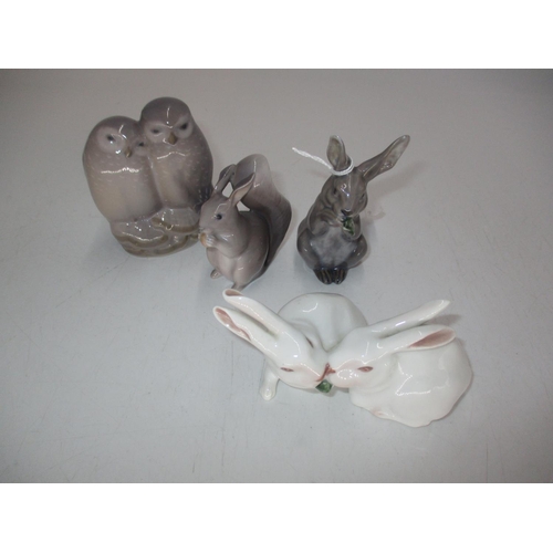 377 - Royal Copenhagen Group of 2 Owls, Squirrel, Hare and Rabbits