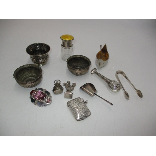 379 - Group of Silver to include a Vesta Case, Enamel Top Salts Bottle, Seal, Sugar Tongs, Caddy Spoon, Br... 