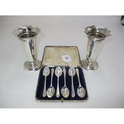 391 - Pair of Silver Vases and Set of 6 Silver Coffee Spoons with Crossed Golf Club Handles, 256g total