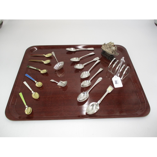 392 - Collection of Silver including Toast Rack, Caddy Spoon, Sifter Spoon, Junk, 7 Teaspoons and 6 Enamel... 