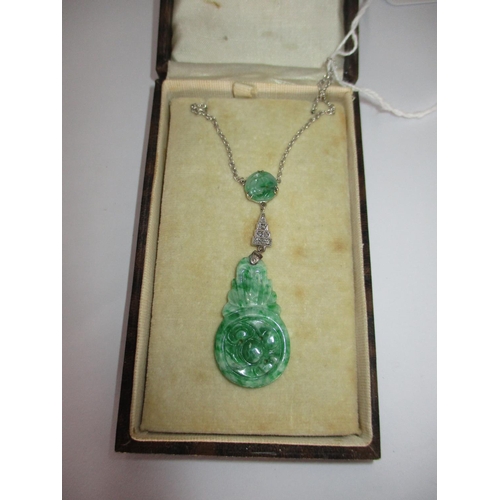 Antique Carved Jade and Diamond Art Deco Necklace