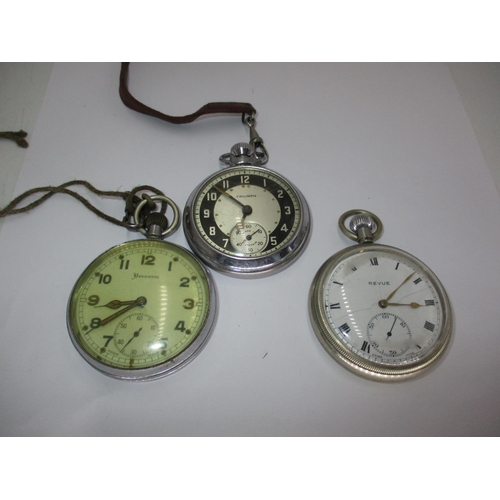 421 - Two Military Issue Pocket Watches Revue 2983 and Helvetia GS/TP P71710, along with a Triumph Pocket ... 