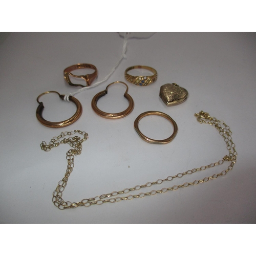 431 - Pair of 9ct Gold Earrings, 9ct Gold Ring and Chain, and 15ct Gold Ring, 7.64g, along with an Unmarke... 