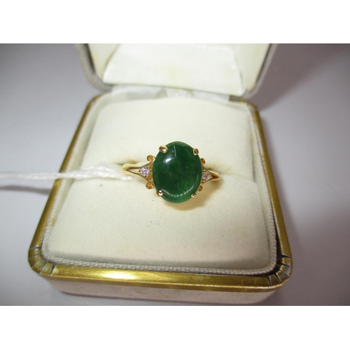 442 - 18K Gold Jade and 2 Diamond Ring, 3.8g, Size P