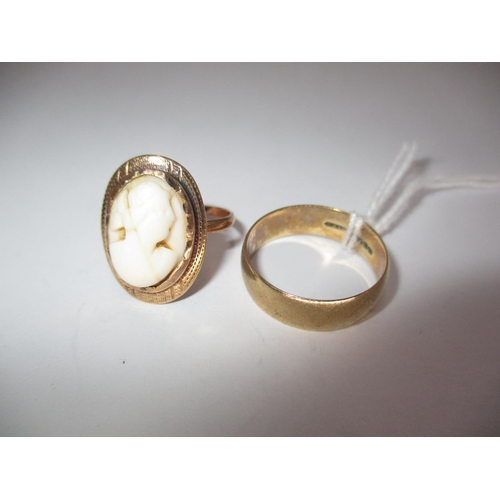 444 - 9ct Gold Wedding Ring, 2.91g, and a Cameo Ring, 2.37g