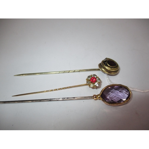 458 - Two Amethyst Stick Pins and a Cluster Stick Pin