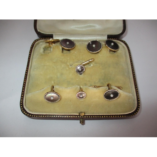 459 - Cased Set of 14K Gold Mother of Pearl and Seed Pearls Cufflinks and Studs, 10.15g total