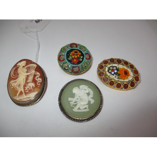 Two Micro Mosaic Brooches, Wedgwood Brooch and a Cameo Brooch