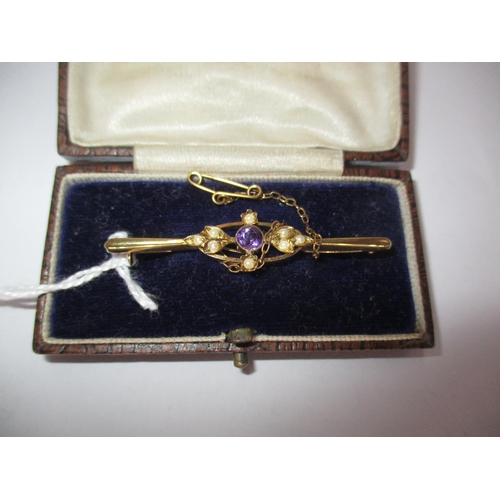 482 - 15ct Gold Amethyst and Seed Pearl Bar Brooch, 3.29g