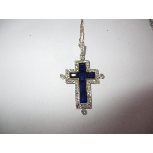 489 - Sapphire and Diamond Cross Pendant Set in White and Yellow Metal, 4.46g