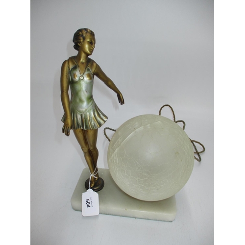 504 - Original Art Deco Spelter Lady Lamp on Marble Base, globe also original