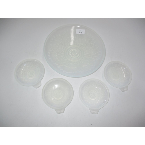 535 - Art Deco Frosted and Vaseline Tinted Glass Serving Bowl and 4 Dishes, 24.5cm