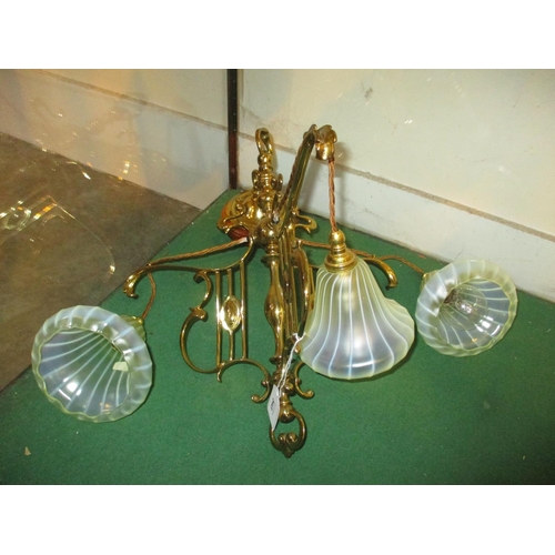 543 - Victorian Arts & Crafts Brass 3 Branch Pendant Light with 3 Vaseline Glass Shades