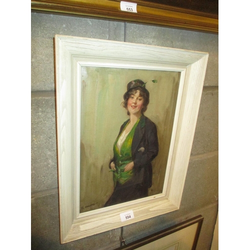 554 - R. Hope, Oil on Canvas, Woman in a Green Waistcoat, 35x25cm