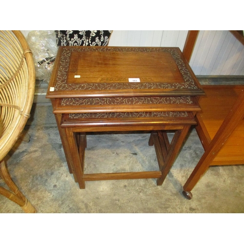 583 - Eastern Carved Teak and Brass Inlaid Nest of 3 Tables