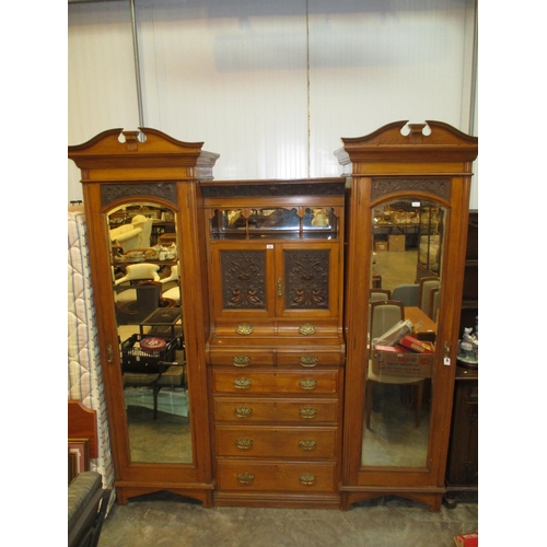 596 - Victorian Walnut Wardrobe having Double Mirror Doors Flanking a Cupboard and Drawers, 206cm