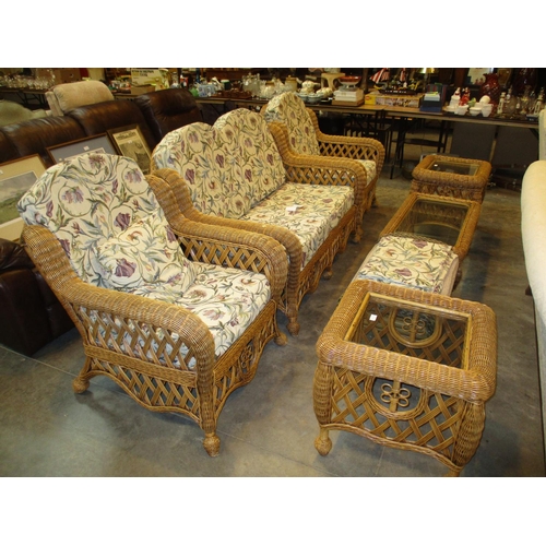 635 - Wicker 3 Piece Conservatory Suite with Stool, Coffee Table and Pair of Lamp Tables