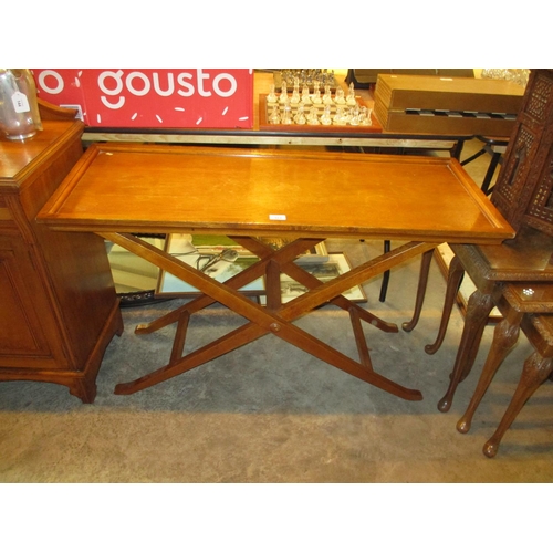 664 - Large Eastern Teak Try Top Table on Folding Stand, 110x43cm