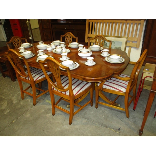 678 - Reproduction Yew Wood Twin Pillar Extending Dining Table with Leaf and 6 Prince of Wales Feather Cha... 