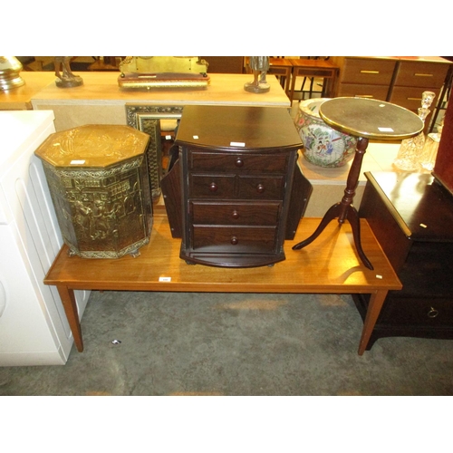 690 - Coffee Table, Wine Table, News Rack, Brass Coal Box and a Mirror