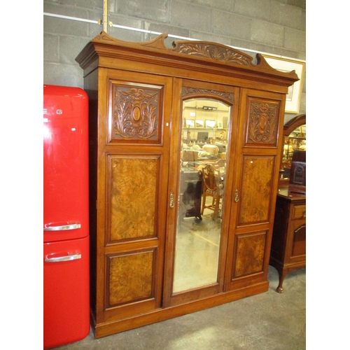 704 - Late Victorian Walnut Centre Mirror 3 Door Wardrobe, 168cm