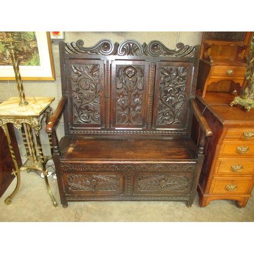 721 - Victorian Gothic Carved Oak Box Seat Hall Settle, 107cm