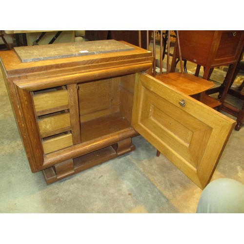 615 - Art Deco Oak and Marble Top Side Cabinet, 70x66x32cm