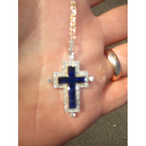 489 - Sapphire and Diamond Cross Pendant Set in White and Yellow Metal, 4.46g