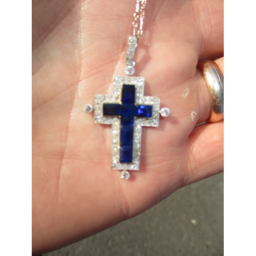 489 - Sapphire and Diamond Cross Pendant Set in White and Yellow Metal, 4.46g