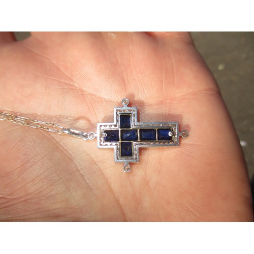 489 - Sapphire and Diamond Cross Pendant Set in White and Yellow Metal, 4.46g