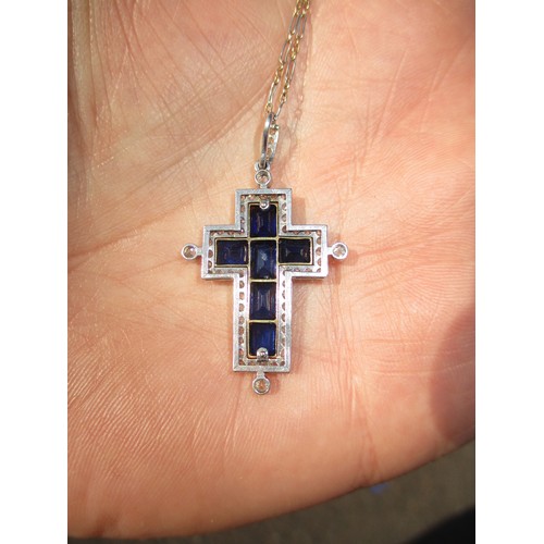 489 - Sapphire and Diamond Cross Pendant Set in White and Yellow Metal, 4.46g