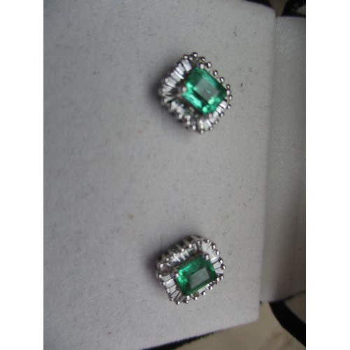 505 - Pair of 18K White Gold Colombian Emerald and Diamond Stud Earrings, total gem weight 1.250 cts