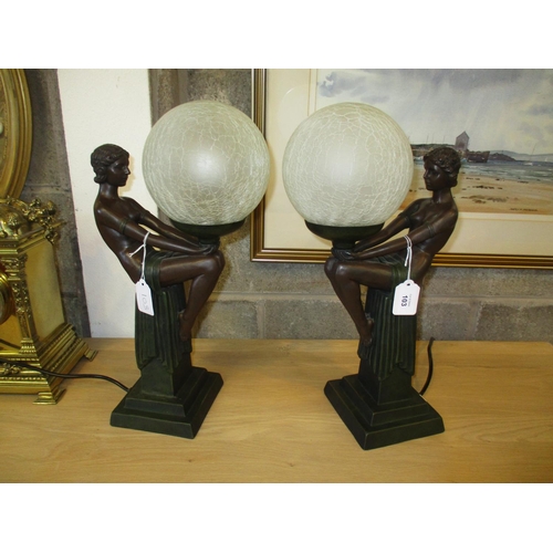 103 - Pair of Art Deco Style Figure Lamps having Crackle Glass Shades, 42cm